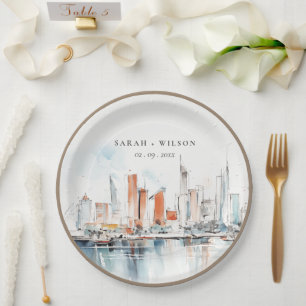 Chic Miami Florida Skyline Watercolor Wedding Pappteller