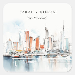 Chic Miami Florida Skyline Watercolor Wedding Quadratischer Aufkleber