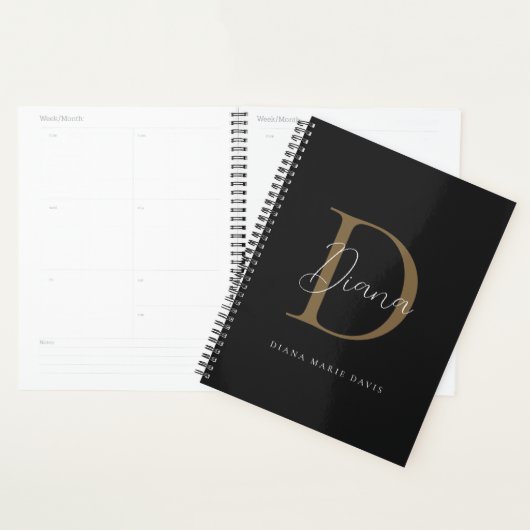 Chic Midnight Black Mossy Gold Script Monogram Planer (Anzeige)