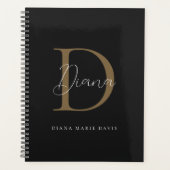 Chic Midnight Black Mossy Gold Script Monogram Planer (Vorderseite)