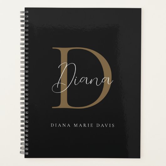 Chic Midnight Black Mossy Gold Script Monogram Planer (Vorderseite)
