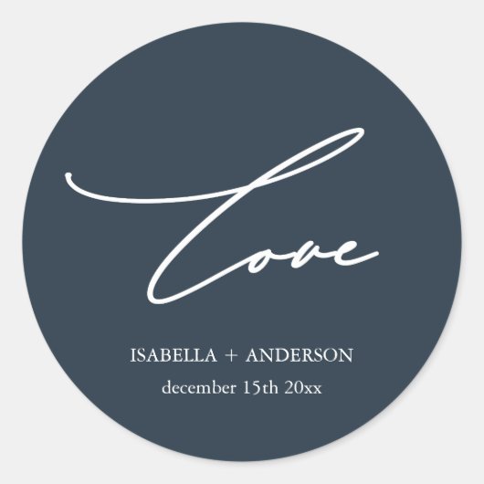 Chic Midnight Blue Liebe Script mit Name Wedding Runder Aufkleber (Vorderseite)
