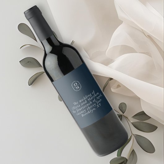 Chic Midnight Blue Monogram Wedding Weinetikett