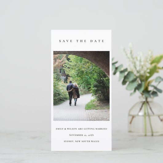 CHIC MINIMAL CLEAN CUSTOM FOTO SAVE THE DATE KARTE (Stehend Vorderseite)