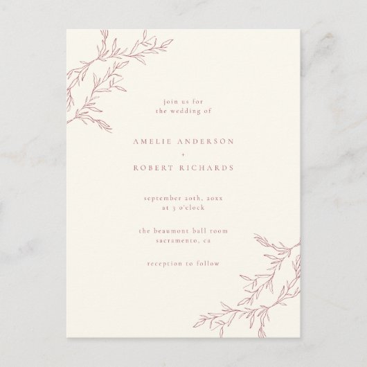 Chic Minimal Cream & Mled Red Foliage Wedding Einladungspostkarte (Vorderseite)