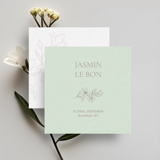 Chic Minimal Floral Mint Square Business Card Quadratische Visitenkarte