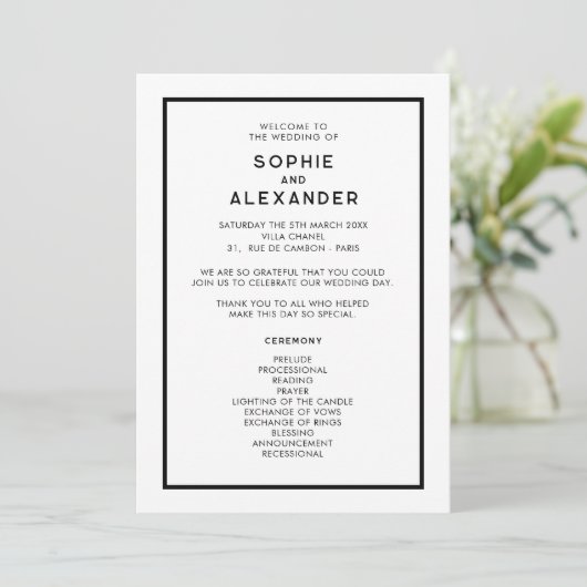 Chic Minimal French Black & White Wedding Programm (Stehend Vorderseite)