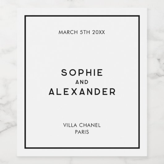 Chic Minimal French Black & White Wedding Weinetikett (Einzelnes Label)