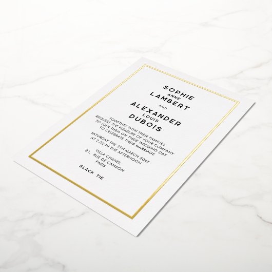 Chic Minimal French Gold Border Wedding Folieneinladung (Gedreht)
