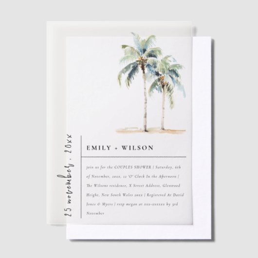 Chic Minimal Palm Trees Tropische Paare Dusche Pergament Einladungen (Versetzt)