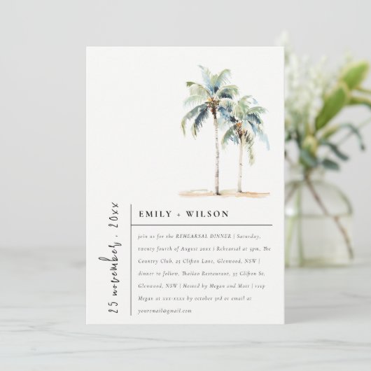 Chic Minimal Palm Trees Tropische Probe Abendessen Einladung (Stehend Vorderseite)