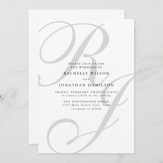 Chic Minimal Schwarz-weiß Monogram Wedding Einladung (Vorne/Hinten)