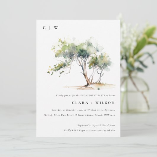 Chic Minimal Simple Watercolor Tree Verlobung Einladung (Stehend Vorderseite)