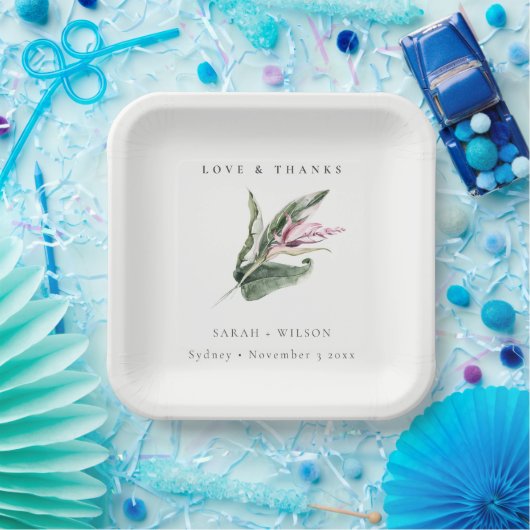 Chic Minimal Tropical Pink Leafy Blumenzehen Pappteller (Party)