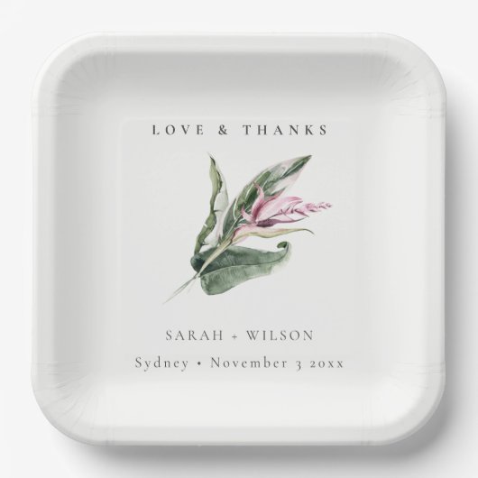 Chic Minimal Tropical Pink Leafy Blumenzehen Pappteller (Vorderseite)