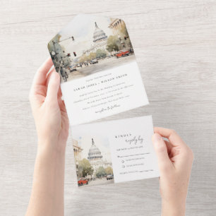 Chic Minimal Washington DC, USA Aquarell-Hochzeit All In One Einladung