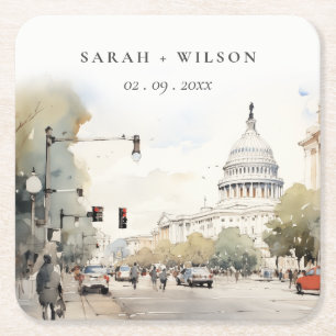 Chic Minimal Washington DC, USA Watercolor Wedding Rechteckiger Pappuntersetzer