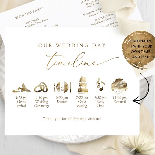Chic Minimal Wedding Program Timeline in Gold