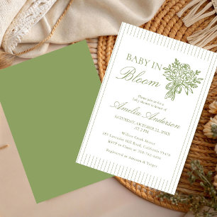 Chic Minimalist gestreifte grüne Blumen Baby-Party Einladung