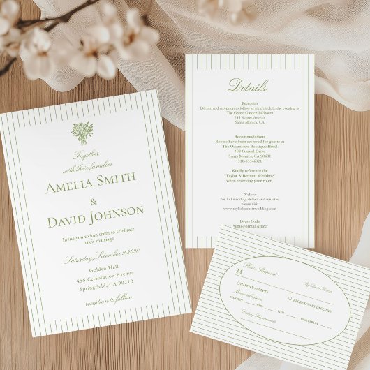 Chic Minimalist Stripe Green Wedding Details Einladung