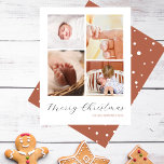 Chic Minimalistisch 4 Foto Collage Frohe Weihnacht Feiertagskarte<br><div class="desc">Mit dieser 4-Foto Collage Weihnachtskarte teilen Sie die Freude der Saison. Chic handgeschriebene "Frohe Weihnachten" schmückt den Boden, während eine spielerische Collage aus Foto Ihre hochgeliebten Erinnerungen einnimmt. Auf der Rückseite des Hotels befinden sich die hellbraunen Gingerbrotbäume mit den von Hand gezeichnet weißen Punkten, die den Schnee darstellen. Passen Sie...</div>