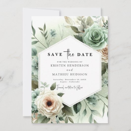 Chic Minimalistisch Blume Sage Green Wedding Save The Date (Vorderseite)