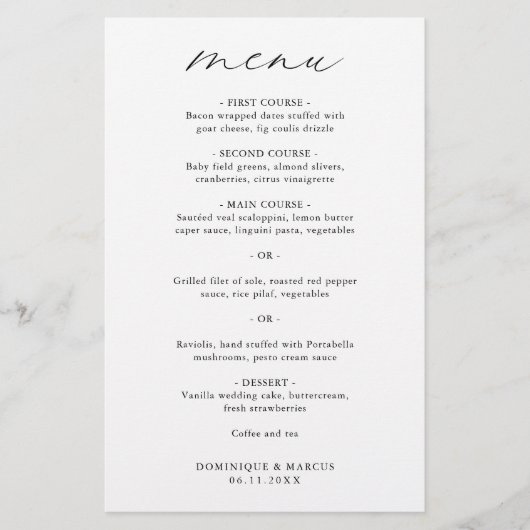 Chic Minimalistisch Elegante Simple Wedding Menu (Vorderseite)