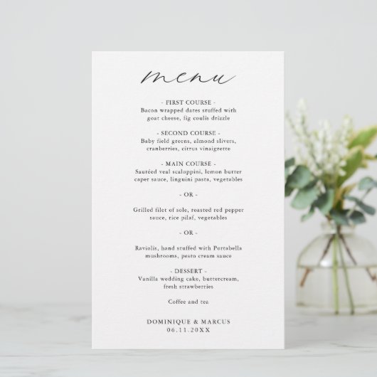 Chic Minimalistisch Elegante Simple Wedding Menu (Stehend Vorderseite)