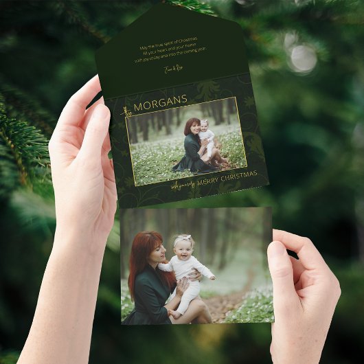 Chic Minimalistisch Green Damask Weihnachts-Foto All In One Einladung