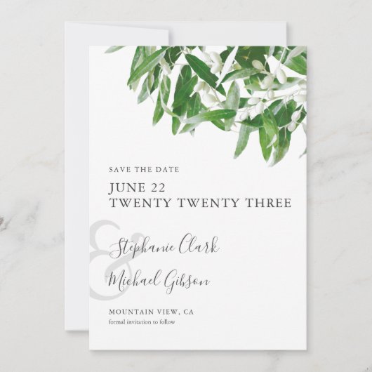 Chic Minimalistisch Olive Blätter Wedding Save the Date (Vorderseite)