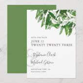 Chic Minimalistisch Olive Blätter Wedding Save the Date (Vorne/Hinten)