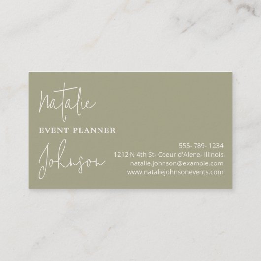 Chic Minimalistisch Sage Green Calligraphy Script Visitenkarte (Rückseite)
