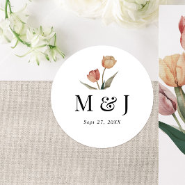Chic Minimalistisch Tulips Watercolor Monogram Wed Runder Aufkleber