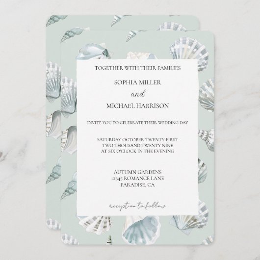Chic Mint Blue Beach Shells Wedding Einladung (Vorne/Hinten)