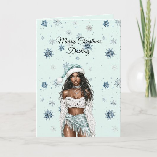 Chic Mint Blue Snowflakes Black Hair Female Karte (Vorderseite)