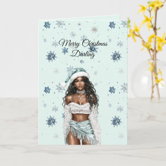Chic Mint Blue Snowflakes Black Hair Female Karte (Gelbe Blume)