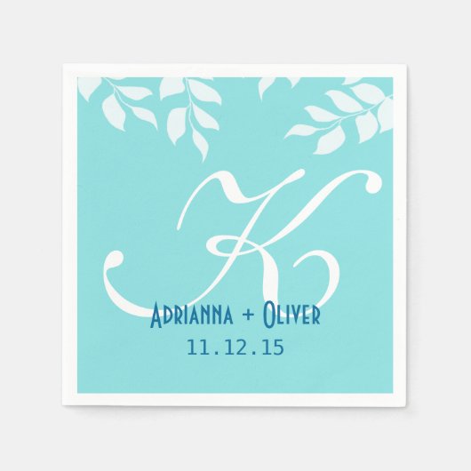 Chic Mint Blue White Blätter Wedding Monogram Serviette (Vorderseite)