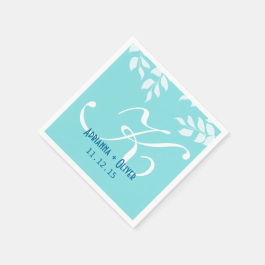 Chic Mint Blue White Blätter Wedding Monogram Serviette (Ecke)