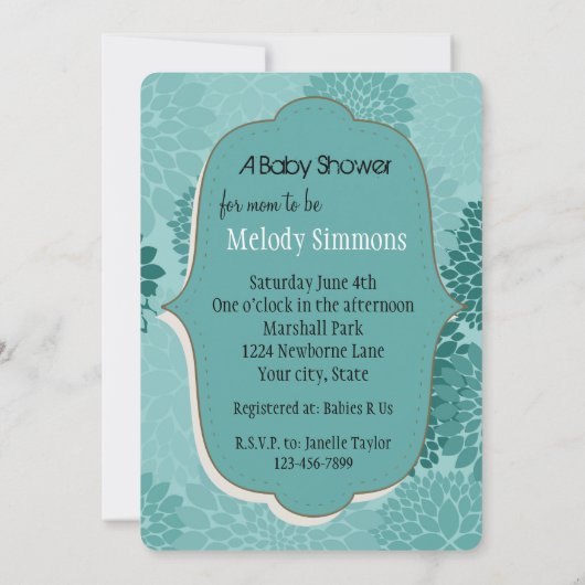 Chic Mint Blume Kinderdusche Einladung (Rückseite)