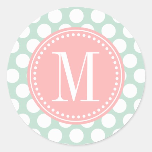Chic Mint & Blush Pink Große Punkte Mit Monogramm Runder Aufkleber (Vorderseite)