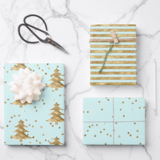 Chic Mint Gold Weihnachtsbaum Geschenkpapier Set (Vorderseite)