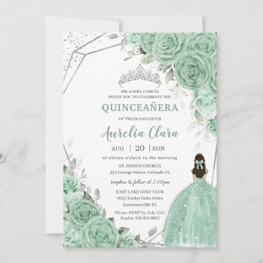 Chic Mint Green Blumenprinzessin Silver Quinceañer Einladung (Vorderseite)