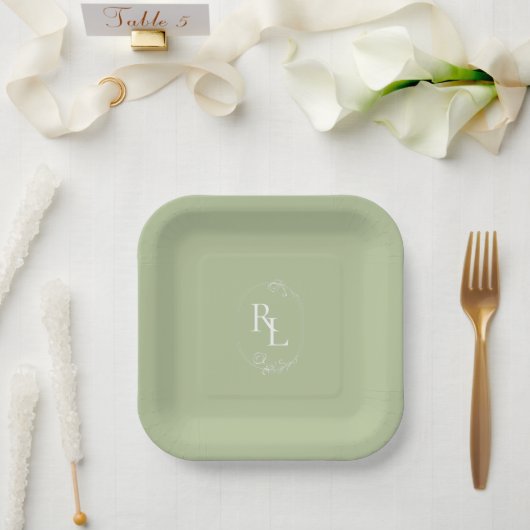Chic Mint Green Couple Monogram Wedding Pappteller (Hochzeit)