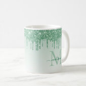 Chic Mint Green Glitzer Sparkle Monogram Script Kaffeetasse (VorderseiteRechts)