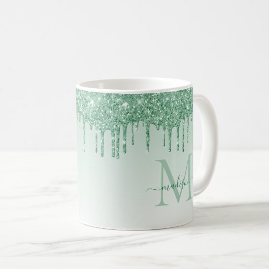 Chic Mint Green Glitzer Sparkle Monogram Script Kaffeetasse (VorderseiteRechts)