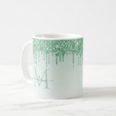 Chic Mint Green Glitzer Sparkle Monogram Script Kaffeetasse (Vorderseite Links)