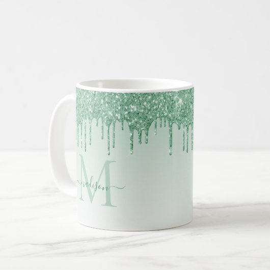 Chic Mint Green Glitzer Sparkle Monogram Script Kaffeetasse (Vorderseite Links)