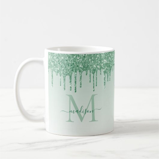 Chic Mint Green Glitzer Sparkle Monogram Script Kaffeetasse (Links)