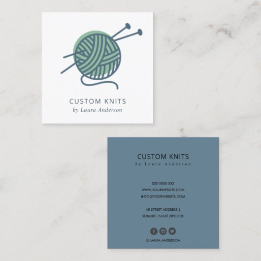 CHIC MINT GREEN NAVY GRAY KNITTING WOOL YARBALL QUADRATISCHE VISITENKARTE (Vorne/Hinten)