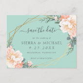Chic Mint Green Peach Gold Floral Save the Date Ankündigungspostkarte (Vorderseite)